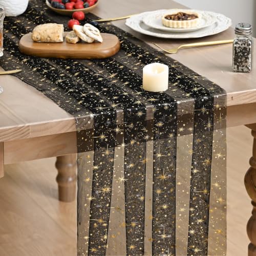Artoid Mode Gold Stars Black Gauze Table Runner 120 Inch 10FT, Reversible Glitter Sheer Dining Wedding Holiday Birthday Table Decor for Home Party - color: Black Gold, size: 28" x 120"