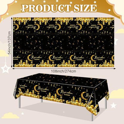 PHOGARY Ramadan Decorations 2 Pcs Ramadan Kareem Tablecloth, Ramadan Tablecloths Disposable Rectangle Plastic Eid Mubarak Table Covers for Eid Al-fitr Party Eid Decorations 54" X108", Black and White