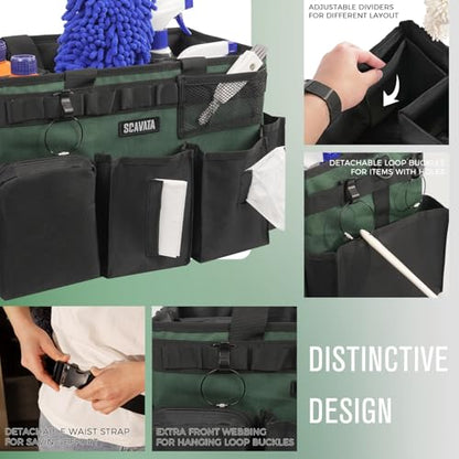 SCAVATA Wearable Cleaning Caddy Bag, Cleaning Caddy Supplies Organizer with Handle & Shoulder Straps for Housekeepers, Under Sink & Car Cleaning Tool Organizers with 4 Foldable Divider (TreeGreen) - color: TreeGreen