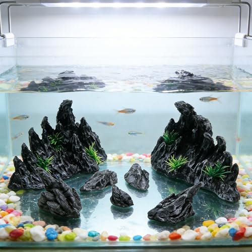 Large “Soul Valley” 7pcs Resin Aquarium Decorations Set | Imitation Stone Ornaments for 12-20 inch aquariums, natural rock style for fresh or saltwaterl aquascaping