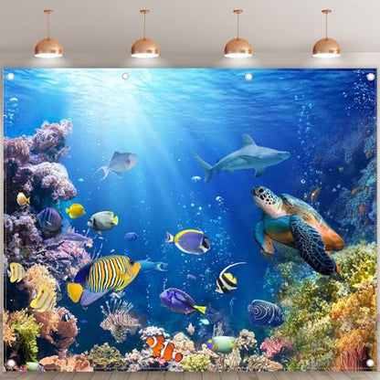 10x8ft Under The Sea Photography Backdrop Ocean Background | Underwater World, Baby Shower Party Supplies, Aquarium Coral Banner, Birthday Photo Booth, Polyester, Grommets, 1PC - size: 10'x8'