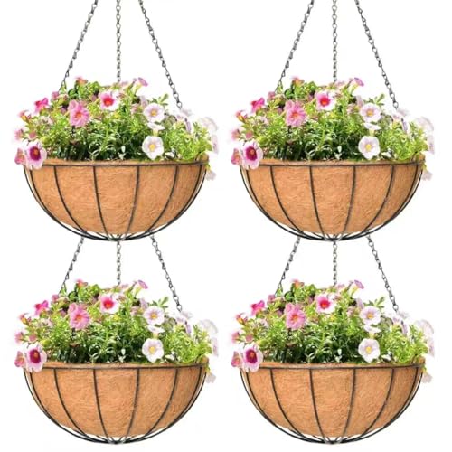 4 Pack 14 Inch Hanging Baskets for Plants Outdoor Metal Hanging Planter Hanging Flower Baskets with Coco Fiber Liners Chain Round Wire Plant Holder Hanging Flower Pots(Watermelon) - size: 14 Inch, style: Watermelon