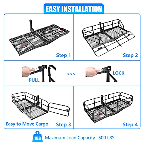 KAIRAY 500 Lbs Heavy Duty Hitch Mount Cargo Carrier 60" x 24" x 14.4" Folding Cargo Rack Rear Luggage Basket Fits 2" Receiver for Car SUV Camping Traveling - color: Black, size: Hitch Cargo Basket only - 60" x 24" x 14.4"