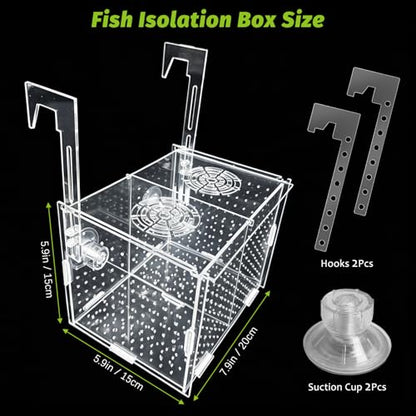 Hamiledyi Acrylic Breeding Isolation Box - Transparent Aquarium Hatchery for Guppy/Shrimp/Small Fish, Safe Nursery Tank with Air Tube & Suction Cups(7.8" × 3.9" × 3.9") - size: M(7.8" 3.9" 3.9")