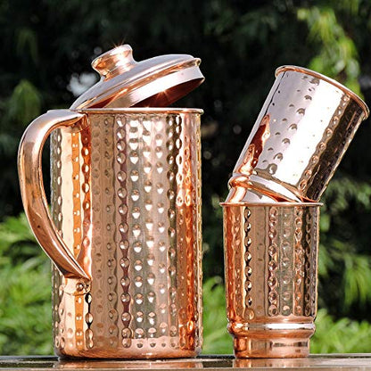 Copper Pitcher with 2 Copper Cups Set | Pure Copper Water Jug & matching tumblers Set for Home & Wellness, Hammered Finish Handcrafted for Daily Hydration & Natural Living