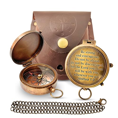 Brass Compass - God My Lord Guide Me - Uplifting Baptism Gift, Graduation Gift, Birthday, Confirmation Gift for Men Women Boys Girls Teenage Kids Be Strong & Courageous - style: #1 Joshua 1:9