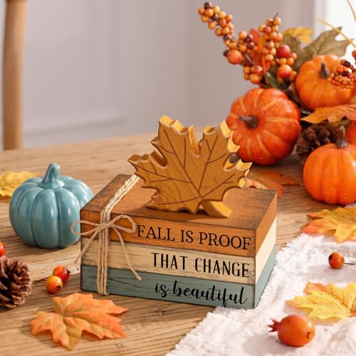4 Pcs Fall Coffee Table Decorations Fall Tiered Tray Decor Thanksgiving Centerpiece Rustic Wooden Hot Cocoa Cup Maple Leaves Pumpkin Block Sign for Autumn Harvest Bar Kitchen Shelf Home - style: Fall Leaves