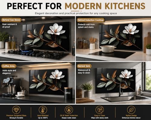 Evgosm Tempered Glass Backsplash for Kitchen, Flowers Stove Splashback, Glass Backsplash, Used for Kitchen Wall Protection and Decoration, Easy to Install and Clean. (30x18'') - size: 30"L x 18"W
