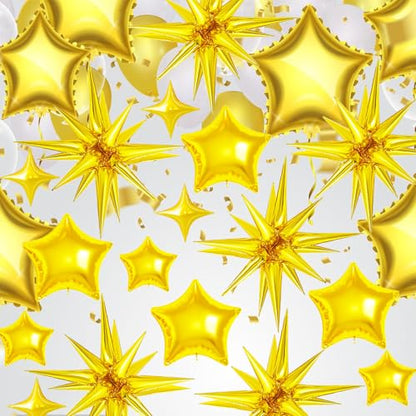22 Pcs Gold Star Balloons,22/18/10 Inch Star Foil Mylar Balloon,Spike Balloon and Four Pointed Balloons for Party Supplies Christmas Birthday Wedding Photo Booth (Gold) - color: Gold