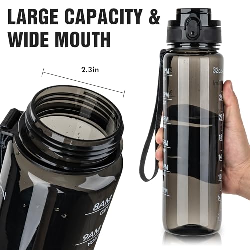 OLDLEY Water Bottle 32oz, Durable and Leakproof Water Bottles Motivational with Time Marker, Tritan, BPA Free, Wide Mouth, Gym, Travel, Home, School, Office, Clear Black - color: Black