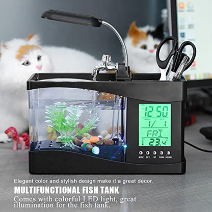 Mini Fish , Multifunctional USB Rechargeable Fish Desktop Electronic Aquarium with Clock Function LED Light Pen Holder for Office, Home