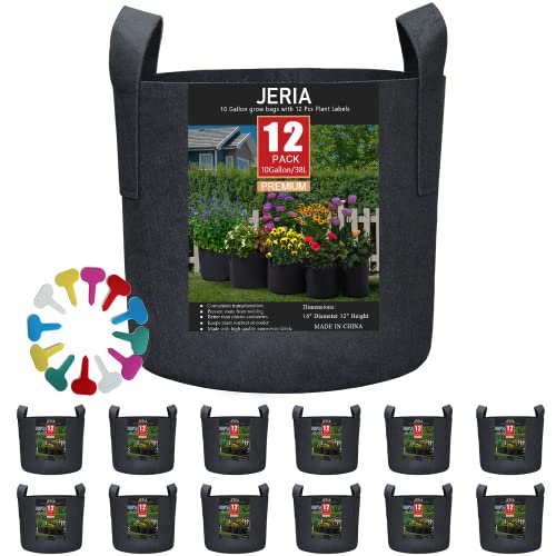 JERIA 12-Pack 10 Gallon Grow Bags, 300G Thickened Nonwoven Garden Pots,Heavy Duty Fabric Pots with Reinforced Handles - size: 10 Gallons