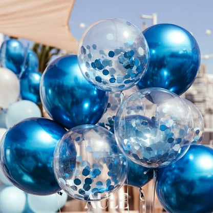 AULE Party Balloons Pack of 42 - Metallic Blue Balloons and Blue Confetti Balloons With 64ft Ribbons 12 Inch Chrome Latex Helium Balloon Decoration Set - color: Blue