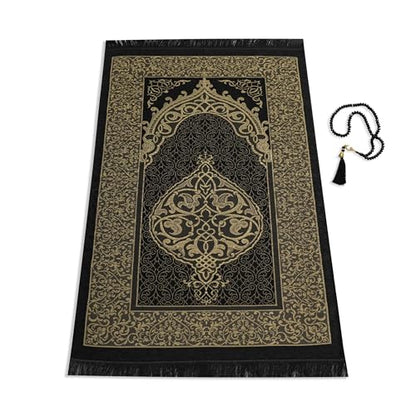 Muslim Prayer Rug with Islam Prayer Beads - Travel Prayer Mat, Islamic Gifts for Women, Portable Prayer Matt Islam, Islamic Prayer Rug Islam Men Women, Praying Mat for Muslim Gifts, Black