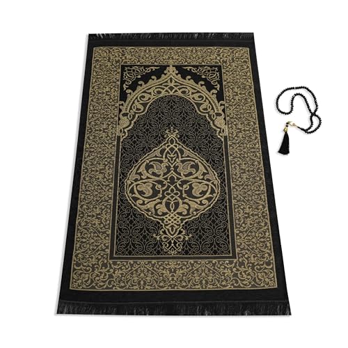 Muslim Prayer Rug with Islam Prayer Beads - Travel Prayer Mat, Islamic Gifts for Women, Portable Prayer Matt Islam, Islamic Prayer Rug Islam Men Women, Praying Mat for Muslim Gifts, Black