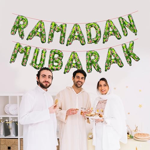 Ramadan Mubarak Watermelon Foil Letter Balloons Hanging Decoration (Green Color) - style: Ramadan Foil Balloons (Green)
