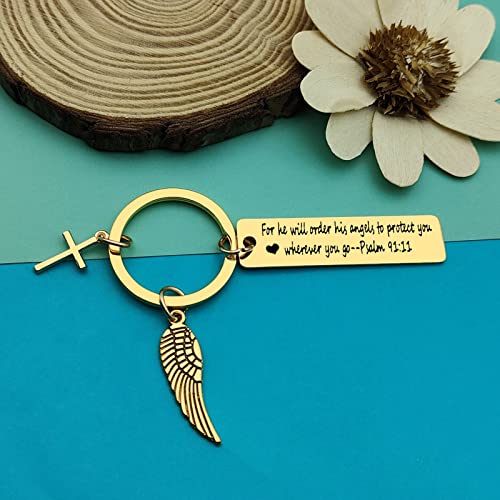 Dabihu Christian Keychain Gift for Women Men Religious Jewelry First Communion Gifts Baptism Gifts Bible Verse Keychain - color: For He Will Order His Angels to Protect You Wherever You Go Inspirational Gold Keychain