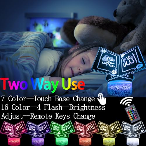 3pcs Muslims Night Lights - 3D Illusion Lamp Set with Moon Castle, Quran Book, Flower Designs - 16 Changeable Colors with Remote and Touch Control Ramadan Islamic Gifts for Kids Friends Home Deco