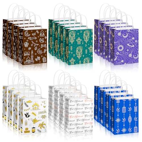 Epakh 24 Pcs Eid Mubarak Paper Gift Bags with Handle Ramadan Goodies Bags Moon Stars Lantern Ramadan Kareem for Islamic Muslim Party Favor Al Fitr Party
