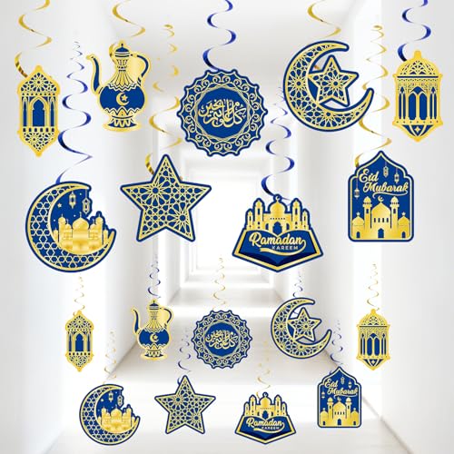 30Pcs Ramadan Mubarak Decorations for Home Eid Mubarak Hanging Swirl Decor Islamic Star Moon Ceiling Decoration for Eid Al-fitr Party Egyptian Holiday Supplies - color: Blue