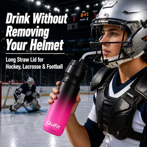 QuiFit Hockey Water Bottle with Long Straw -32oz Lacrosse Water Bottle 2 Pack with 2 Lids Each- BPA Free Squeeze Sports Water Bottles, Leakproof Dishwasher Safe- for Helmet,Lacrosse (Black Pink) - color: Black Pink