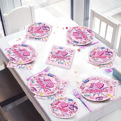 Qyeahkj 100Pcs 2000s Y2K Pink Decorations Party Supplies 90s Plates Napkins Disposable 1990s Tableware Dinnerware Birthday for 90's Kids Bachelorette Favor - style: Pink Y2K