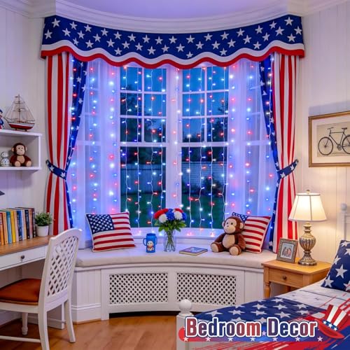 JMEXSUSS 300LED Red White & Blue Curtain Lights for 4th of July, 9.8x9.8ft - color: Red White and Blue, size: 300 LED