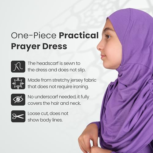 ihvan online Muslim Dress for Girls, Long Sleeve One-Piece Islamic Prayer Dress, Hijab for Kids, Girls Abaya, Islamic Gifts - color: Dark Purple