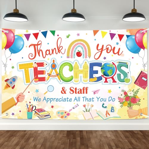Happy Teacher Day Banner Teacher Appreciation Week Decorations Flag Outdoor 71x44 Inch School Classroom Backdrop,Thank You Teacher Gifts for Indoor Home Party Supplies,Yard Sign Photography Background - color: Thank Teacher White