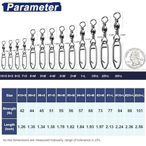 QISHUO High Strength Fishing Swivels Stainless Clips Steel Snap Swivels Barrel Connector Saltwater Swivel Fishing Rolling Black Nickel - size: Size 7+S (51lb) 50 pcs