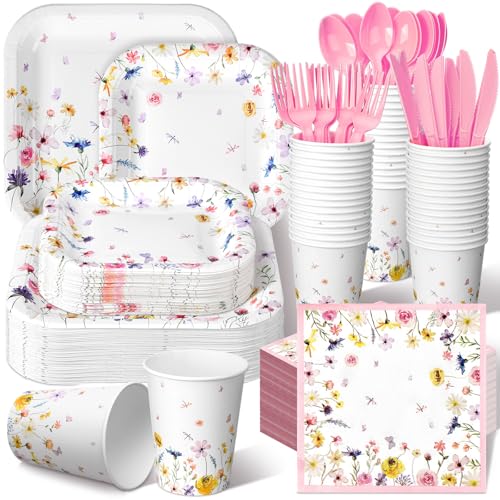 350 Pcs Wildflower Paper Plates and Napkins Set 9 Inch 7 Inch Disposable Durable Spring Floral Dinnerware Set Wedding Baby Shower Party Supplies Tableware Serve 50 Guest Cups Knife Forks Spoon - color: Pink, style: Wildflower