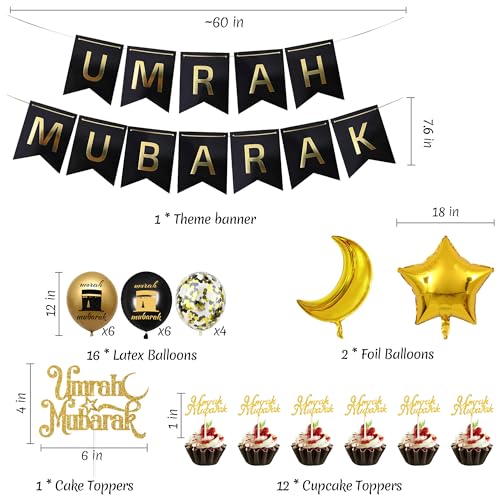 Umrah Mubarak Party Decoration Balloons - 33 Pcs Hajj Mubarak Black Gold Ramadan Eid Party Decorations Banners Star Moon Foil Balloon Cake Toppers for Happy Eid Muslim Islam Festival Decor Supplies