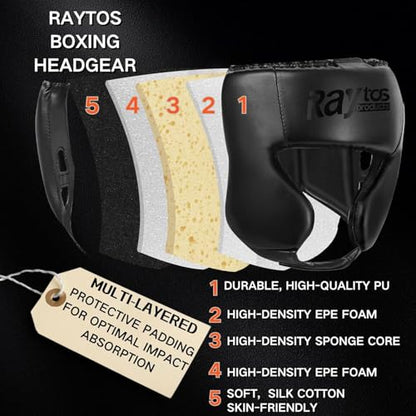 Boxing Headgear for Men Women – Professional Lightweight Open Face Head Guard, Breathable Protection, Secure Fit for MMA Muay Thai Kickboxing Sparring Training - color: Black+Black