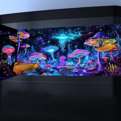 30X18IN Blacklight Mushroom Jellyfish Aquarium Background UV Reactive Background Starry Sky Terrarium Background with 10 EVA Double-Sided Tape - size: 30X18in/75X45cm