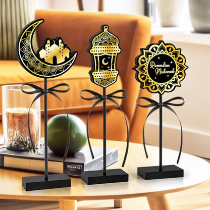 3 Pieces Ramadan Decorations Eid Mubarak Table Decor Wooden Set, Islamic Ramadan Tiered Tray Decor for Muslim Party Tabletop Decor Home (Classic) - style: Ramadan Classic