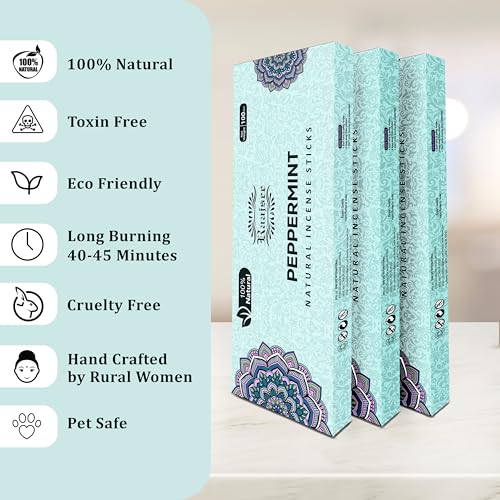 Peppermint Incense Sticks 100 gm Pack, Charcoal Free - 100% Natural,Organic Non Toxic Insence Sticks, Inscents Made with Flowers, Meditation Gifts for Spiritual Cleansing, Relaxation - color: Pepperment