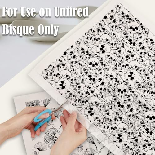 SUPERDANT 6 Style Skull Cat Fish Underglaze Paper Transfer Ginkgo Cowboy Transfer Paper for Clay Ceramic Porcelain Under Glaze Transfers for Pottery Enamel Decals Black Underglaze Decal Papers Gifts