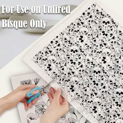 SUPERDANT 6 Style Skull Cat Fish Underglaze Paper Transfer Ginkgo Cowboy Transfer Paper for Clay Ceramic Porcelain Under Glaze Transfers for Pottery Enamel Decals Black Underglaze Decal Papers Gifts