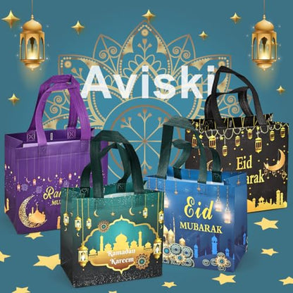 Aviski 16PCS Eid Mubarak Reusable Gift Bags, Treat Bags with Handles, Ramadan Mubarak Party Bags, Multifunctional Non-Woven Eid Bags for Gifts Wrapping, Ramadan Kareem Party Supplies, 23×22×11cm