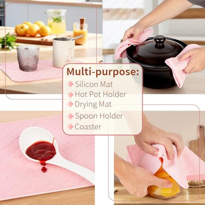 LEHAHA Large Non Slip Serving Tray with Handles, 17.25 x 12 Inch Melamine Serving Platter with Curved Sides, Dinner Tray for Lunch, Coffee, or Breakfast, 4pcs Set, Silicone placemats Included,Pink - color: Pink