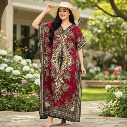 Women's Kaftan Dress – Loose Fit Maxi Gown – Kimono Style Beach Cover Up – Elegant Resort Wear and Nightwear - color: Pink