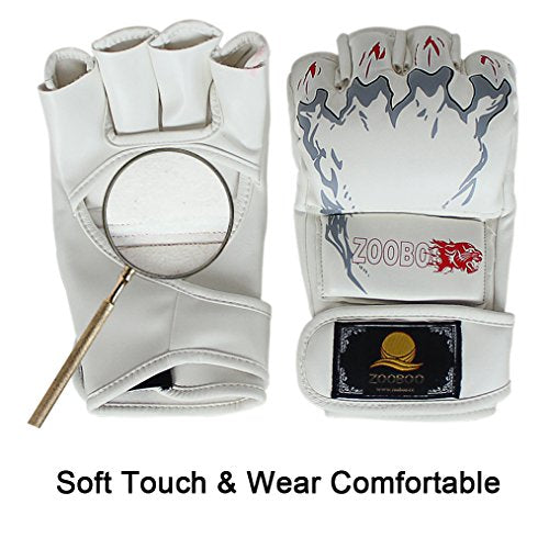 ZooBoo MMA Gloves, Half-Finger Boxing Fight Gloves MMA Mitts with Adjustable Wrist Band UFC Gloves for Sanda Sparring Punching Bag Training (One Size Fits Most) - color: HS-White