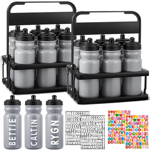 Suclain Water Bottle Carrier with 20 Oz Bottles and Stickers Plastic Wide Mouth Sports Water Bottle Squeeze Team Bottles with Black Lid for Fitness Bike Gym(14 Pcs,Grey) - color: Grey