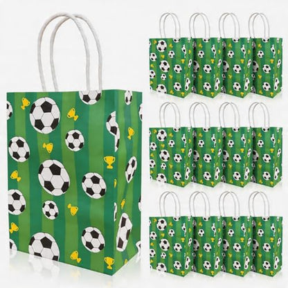 LAOREI 12 Pcs Soccer Goodie Bags, Green Soccer Party Favor Bags with Handles, Paper Gift Bags Soccer Themed Party Gift Bags for Birthday Party Soccer Party Supplies - color: Green