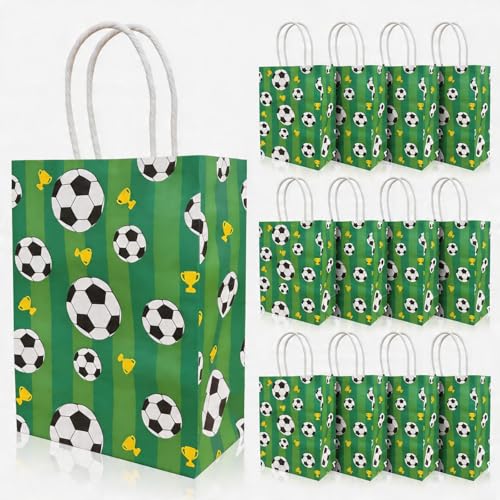 LAOREI 12 Pcs Soccer Goodie Bags, Green Soccer Party Favor Bags with Handles, Paper Gift Bags Soccer Themed Party Gift Bags for Birthday Party Soccer Party Supplies - color: Green