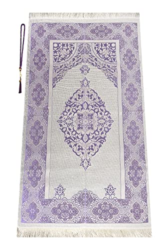 ihvan online Muslim Prayer Rug and Prayer Beads with Elegant Design Cylinder Gift Box, Janamaz, Soft Sajadah, Islamic Gifts Set, Portable Prayers Carpet Mat, Taffeta Fabric, Purple - color: Purple