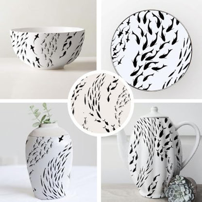 SUPERDANT 4PCS School of Fish Underglaze Paper Transfer Marine Fishes Transfer Paper for Clay Ceramic Porcelain Under Glaze Transfers for Pottery Enamel Decals Black Underglaze Handcrafted Gifts