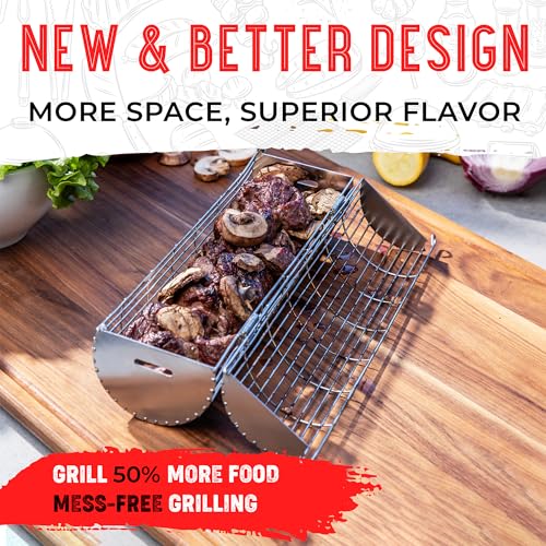 Rolling Grill Basket, Removable Wooden Handle, Extra Sturdy Cylinder Grilling Basket, Food Grade Stainless Steel, Portable Outdoor Camping accessories BBQ Net Rack, Cooking Griller for Fish, Vegetables, and More - Gifts for Men Dad Husband - Set of 2