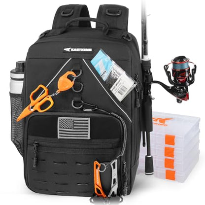KastKing KarryAll Fishing Backpack with Rod Holder 4 Tackle Boxes, 40/26L | Tackle Bag Storage Fishing Gear and Equipment, Water‑Resistant Material, Fishing Gift for Men - color: D: Medium (26 L) - Black