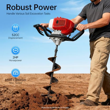 Auger Post Hole Digger, Gas Powered Earth Post Hole Digger Post Holes Earth Digger Petrol Drill Borer Bulb Planting Drill Fence Hole Maker Machine (52CC 2Hp 1.5KW, Drill Bit NOT Included) - size: 52CC 2Hp 1.5KW
